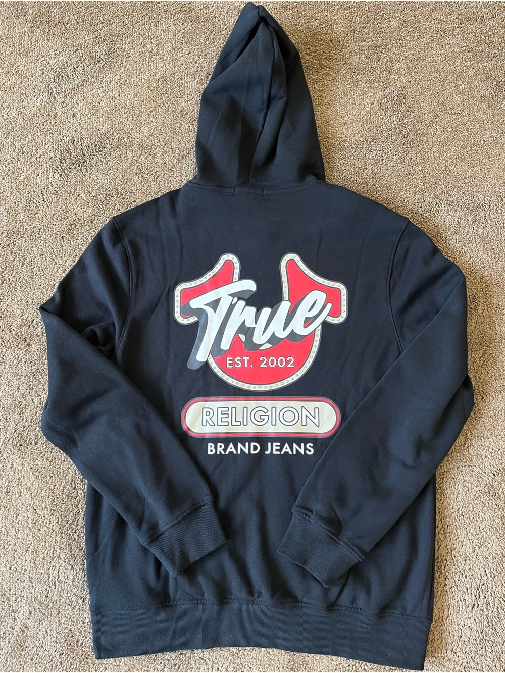 True Religion Mens Large Marquee HS Zip Hoodie Black Graphic Logo NWT